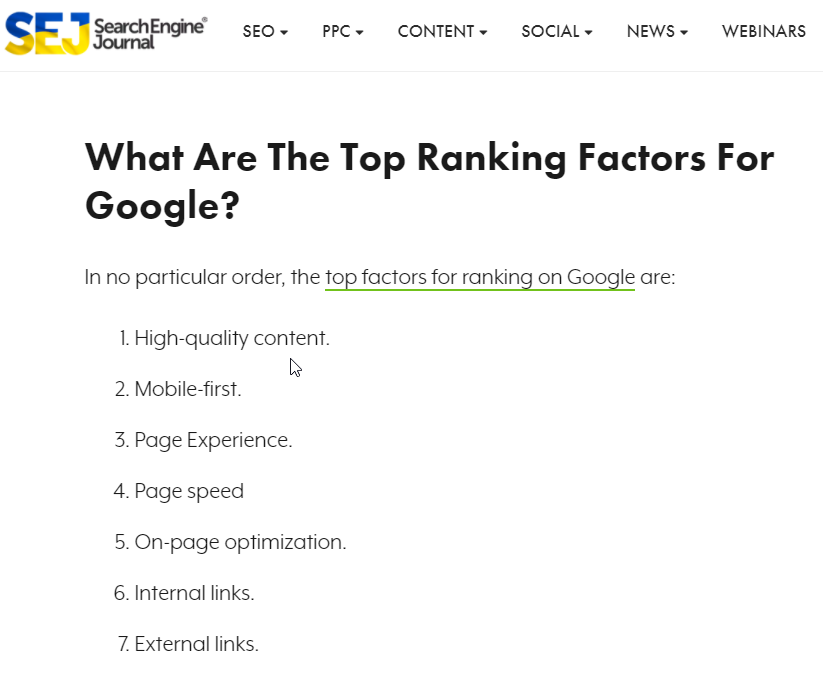 Search engine journal top ranking factors