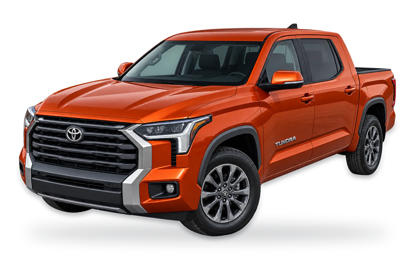 Orange Toyota Tundra crew cab pickup truck