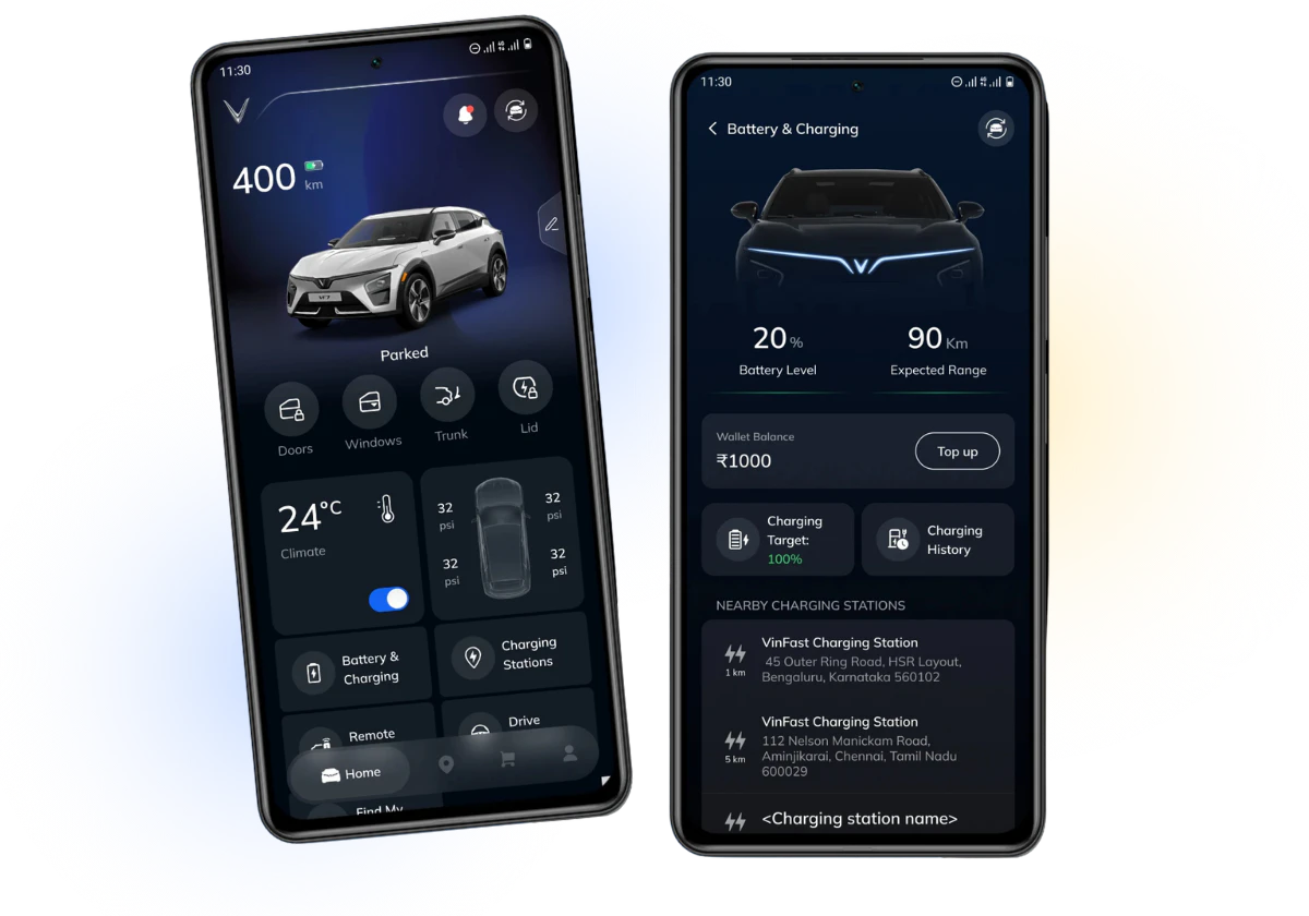 Two mockup images of vinfast charging app