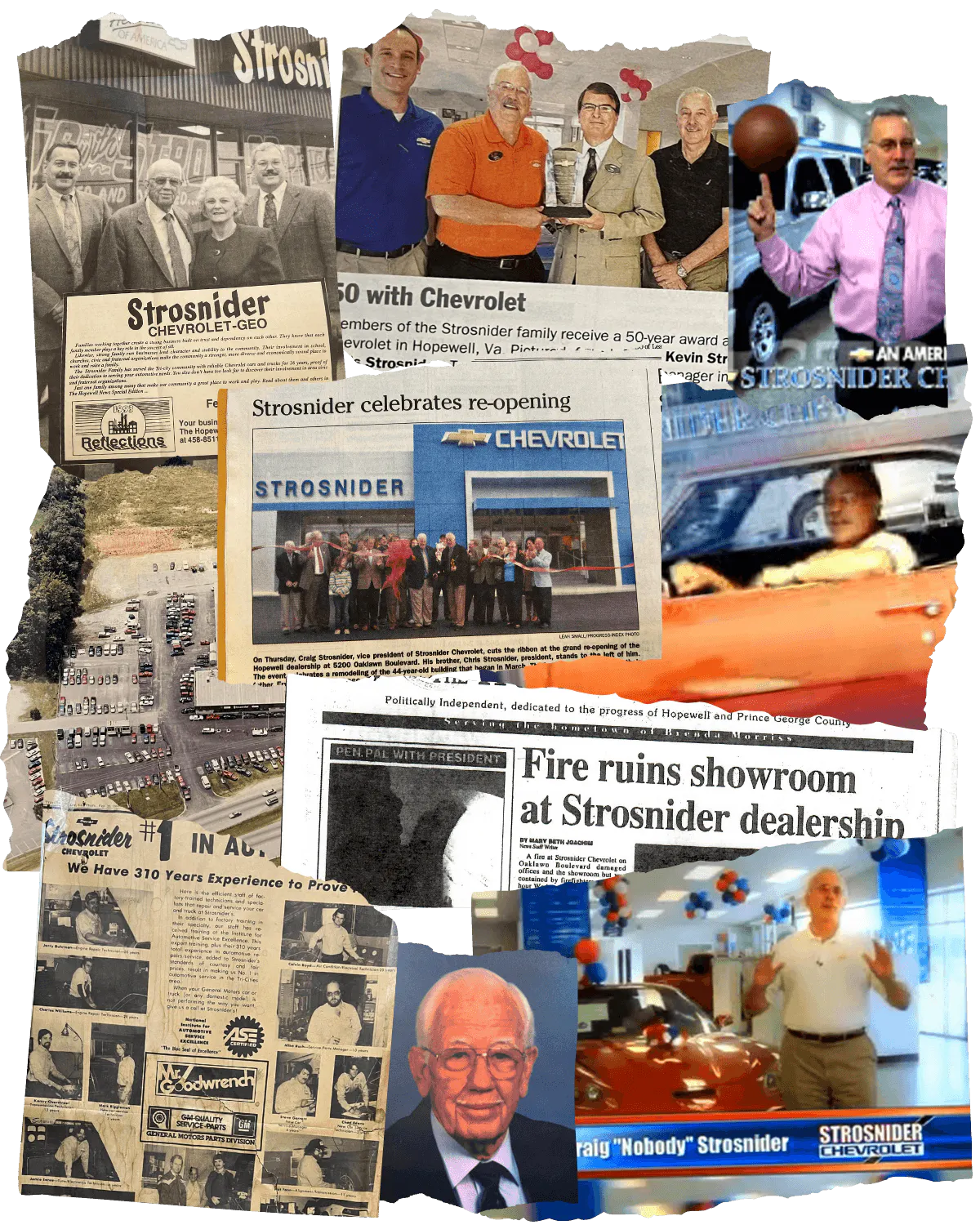 A collage of strosnider history photos throughout the years