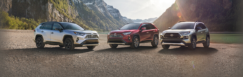 Three 2019 Toyota Rav4 models in the mountains