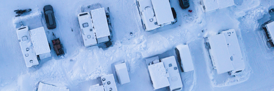 aerial view of RV camping in winter