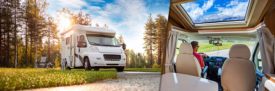 A split image of an RV outdoors, and the inside of an RV