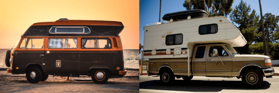 A side-by-side of a motorhome and a camper