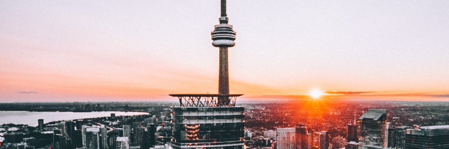 Toronto skyline at sunset with CN Tower