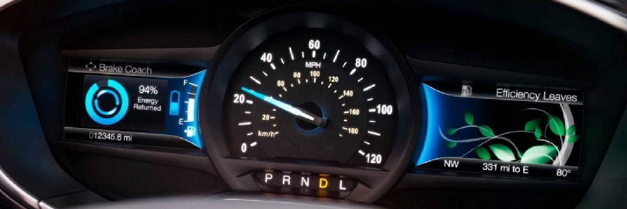 The dashboard of a 2019 Ford lit up and showing low fuel.