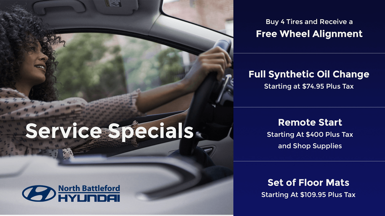 Woman driving a Hyundai vehicle with service specials listed