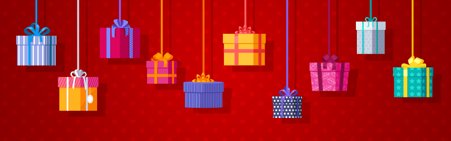 Illustration of gifts hanging by strings