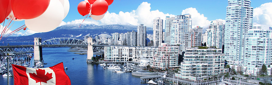Canadian flag and Vancouver city scape