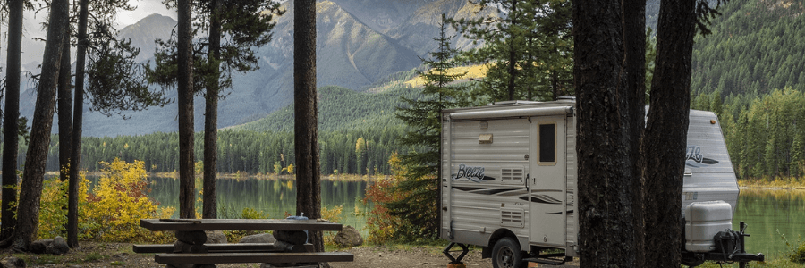 RV camper in the woods at a Canadian national park.