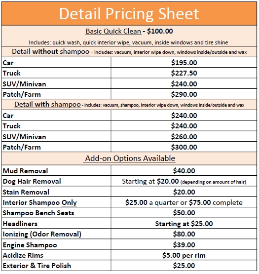 Auto Detailing Price Sheet