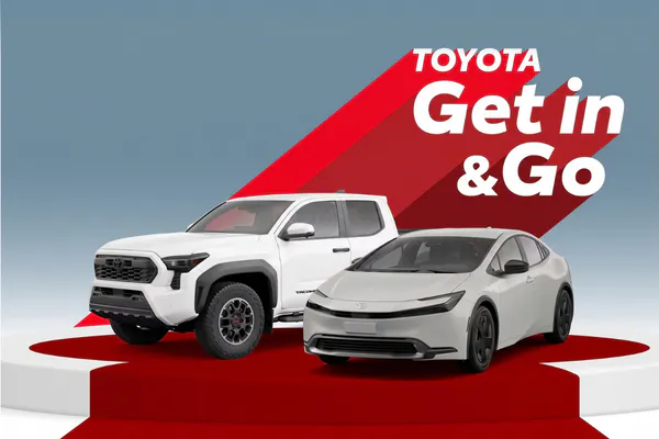 Its Time to Toyota monthly offer with a photo of two white truck and prius