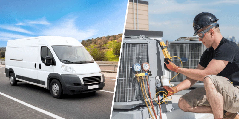 White cargo van on highway beside HVAC technician