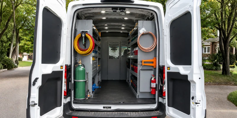 An iinisde of a hvac business van from the back view