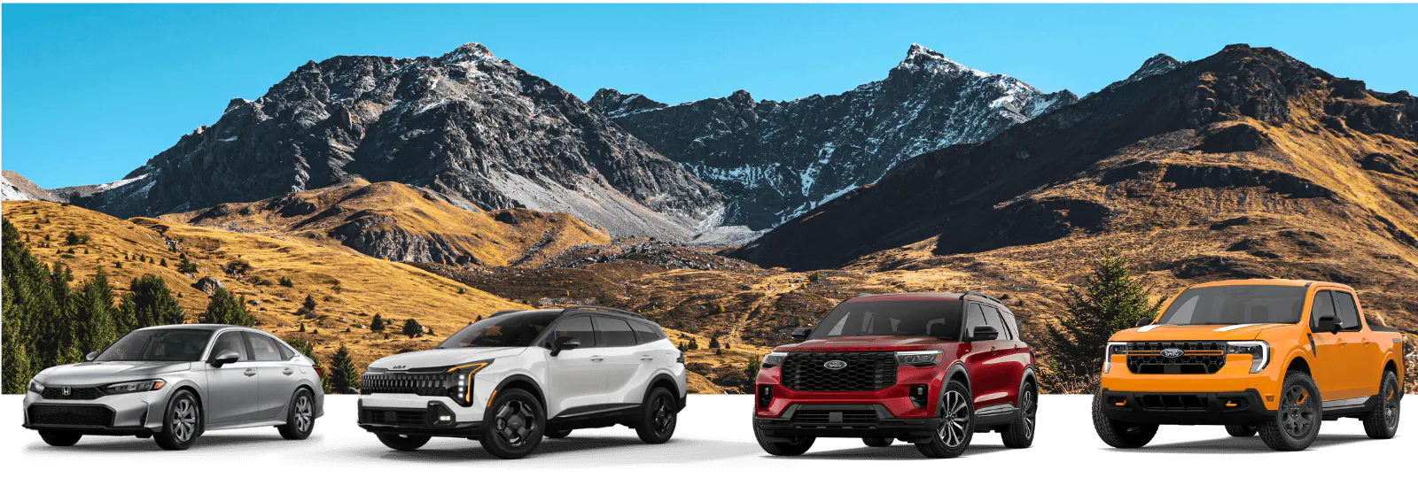 A scenery background with four different individual cars of different brands and make