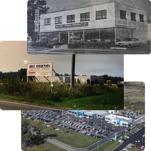 collage of Art Moehn dealership location over time
