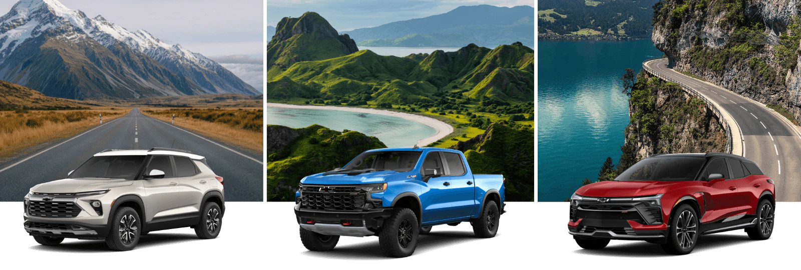 3 chevrolet cars displayed in different scenery backgrounds