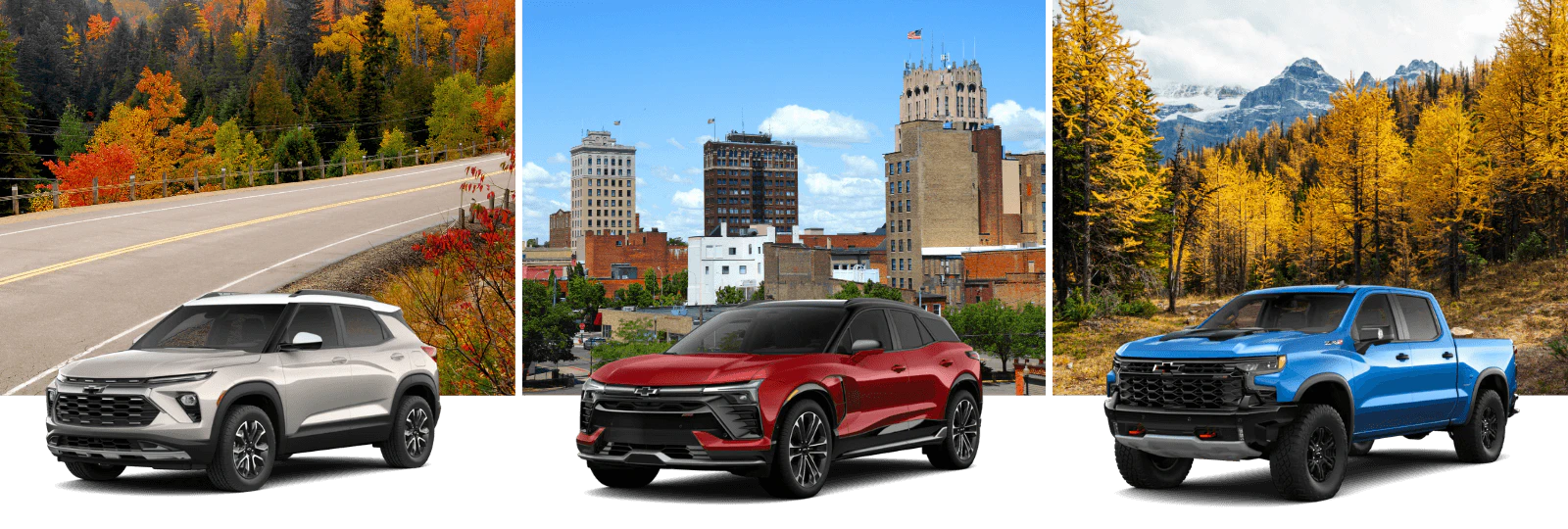3 chevrolet cars displayed in different scenery backgrounds