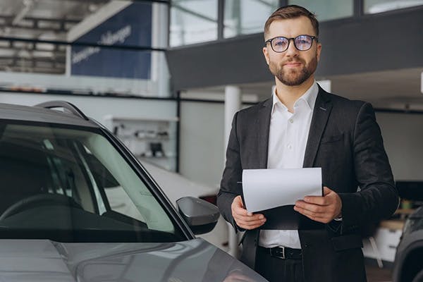 smiling car salesmen holding documentation standing next to an SUV