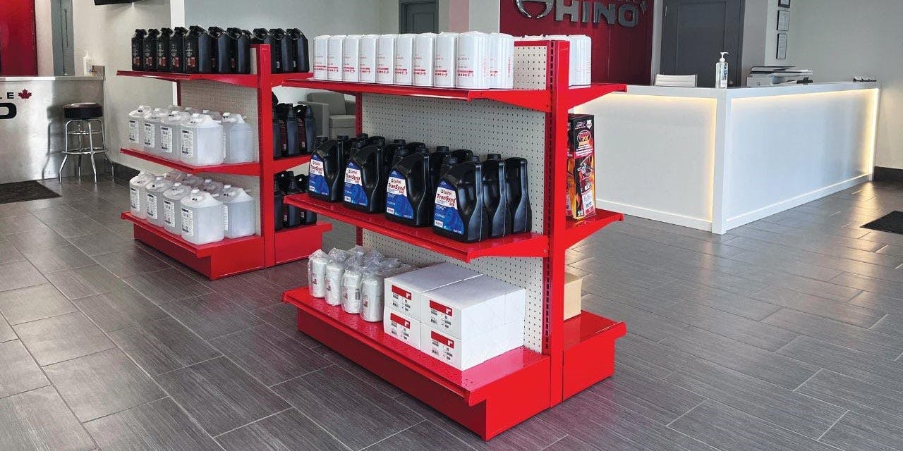 Hino truck parts on selves and counter