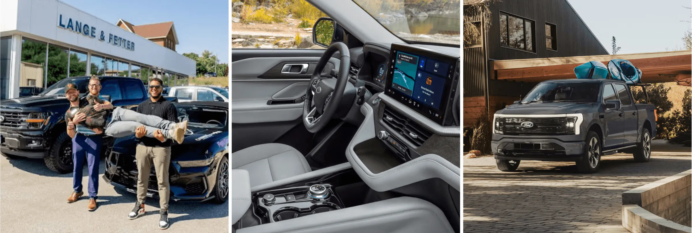 Car sales people posing in front of dealership, interior touchscreen dashboard, and F-150 Lightning at a home