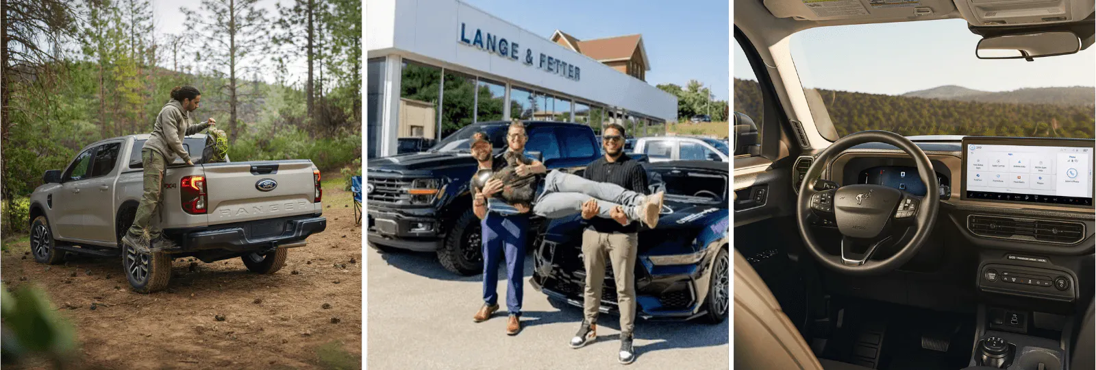 Ford ranger truck, car sales people posing in front of dealership, and interior dashboard