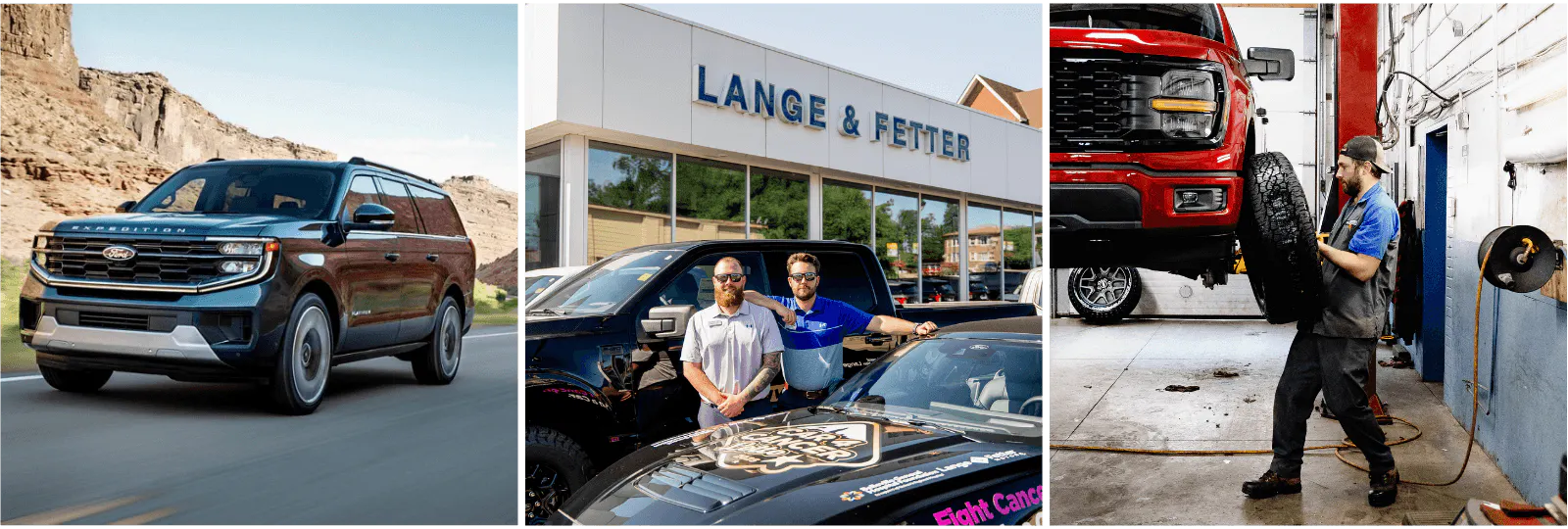 Car sales people posing in front of dealership, interior touchscreen dashboard, and F-150 Lightning at a home