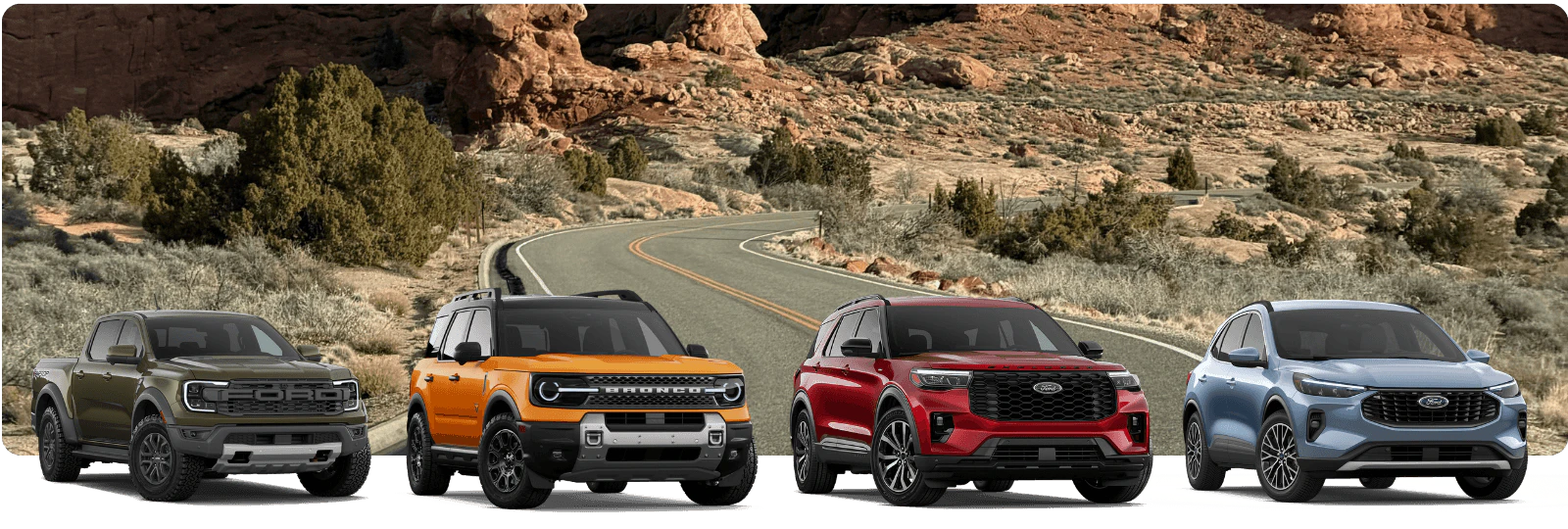 Four Ford vehicles Ranger Raptor, Bronco Sport, Explorer, and Escape on a desert highway