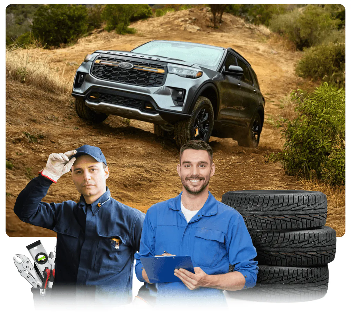 Ford Explorer off-roading on a dirt trail above two service technicians with tires and tools