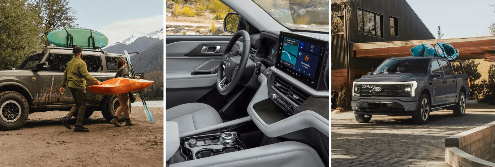 Ford Bronco with kayak gear at a river, interior touchscreen dashboard, and F-150 Lightning at a home
