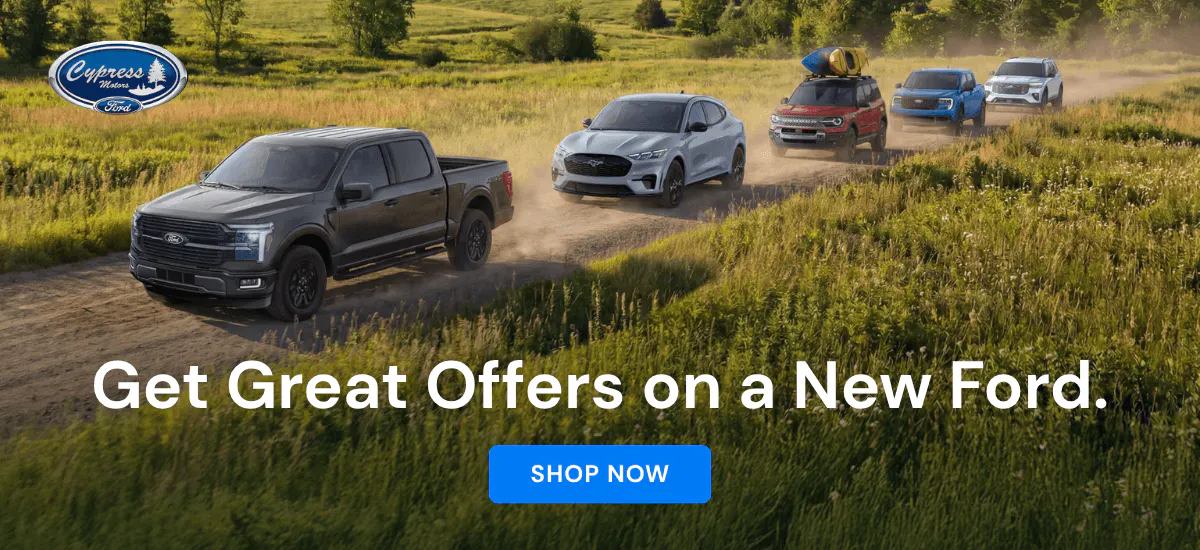 ford offers 5 various fords car in a line driving through a field