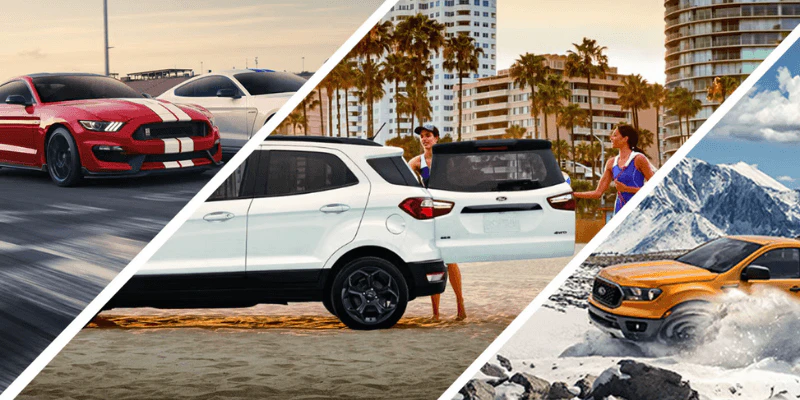 Ford Mustang on a track, EcoSport on a beach, and Ranger off-roading through snow