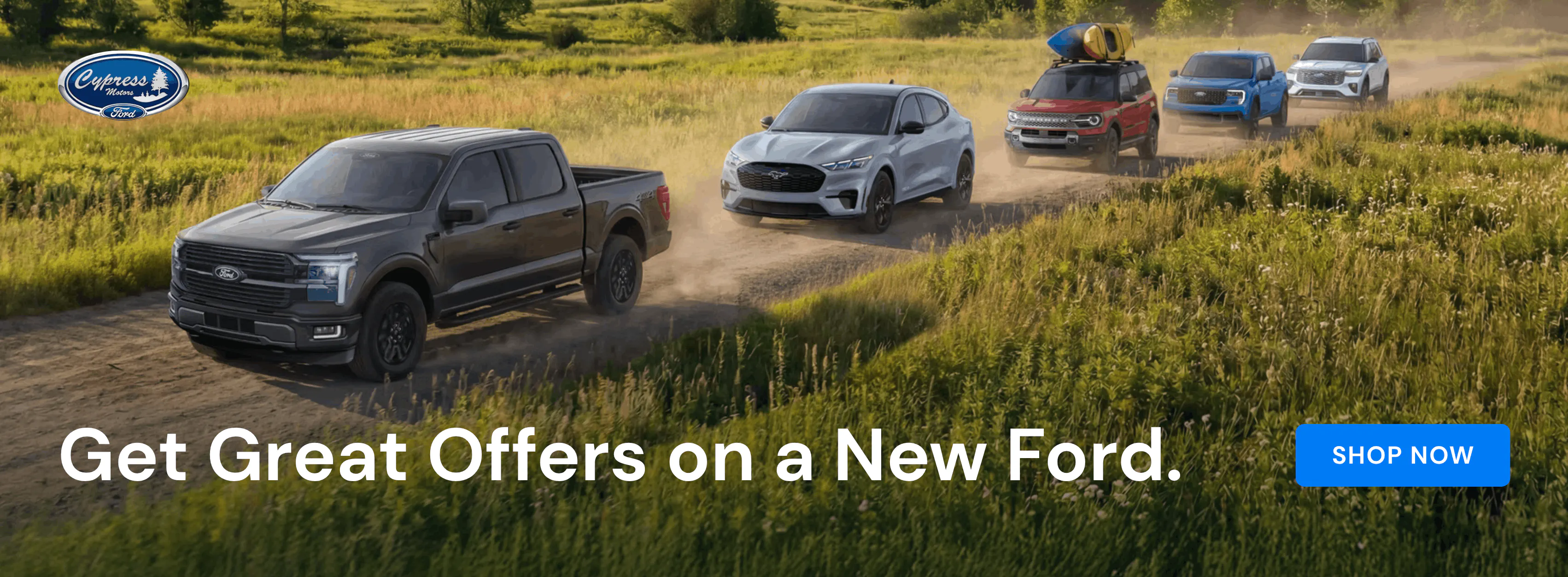 ford offers five ford cars inline driving through a field